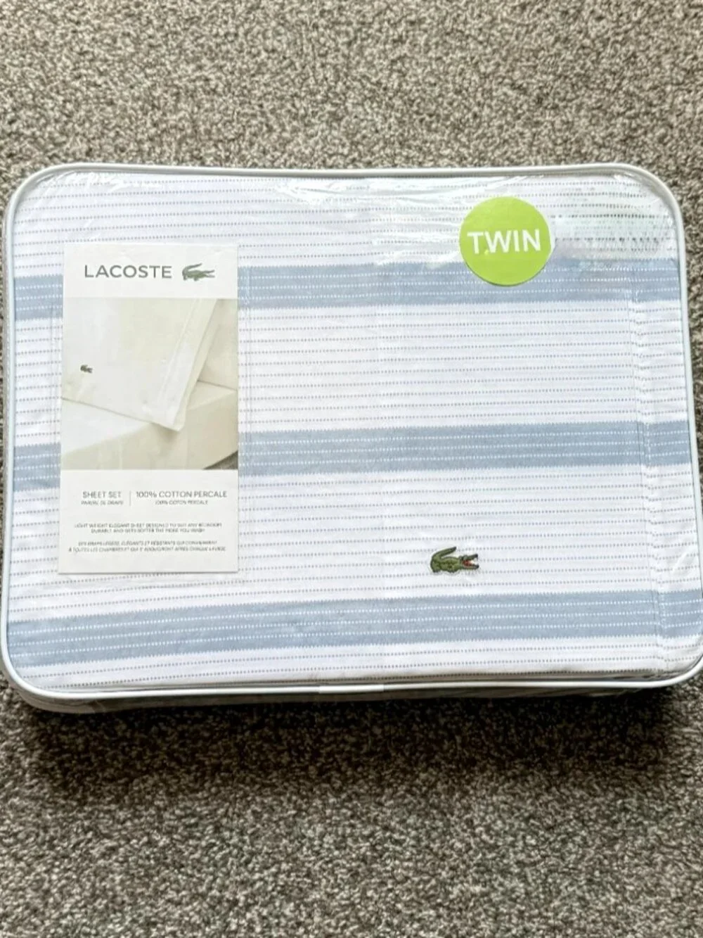 Lacoste 100% Cotton Percale Twin Sheet Set Striped Blue White 3-Piece NWT